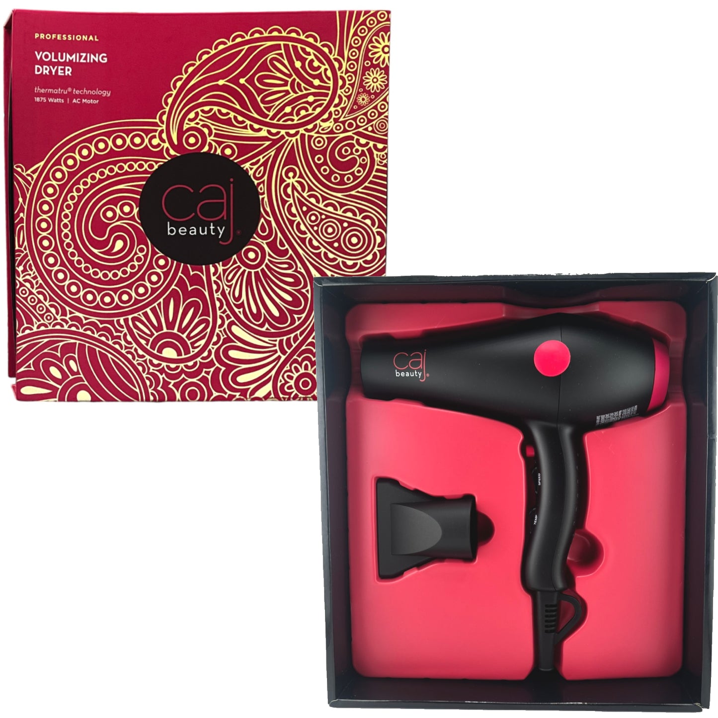 CAJ Beauty 1875W Volumizing Dryer with Thermatru and LED Pure Air Technology, comes with a Removable Filter and a Drying Concentrator attachement!